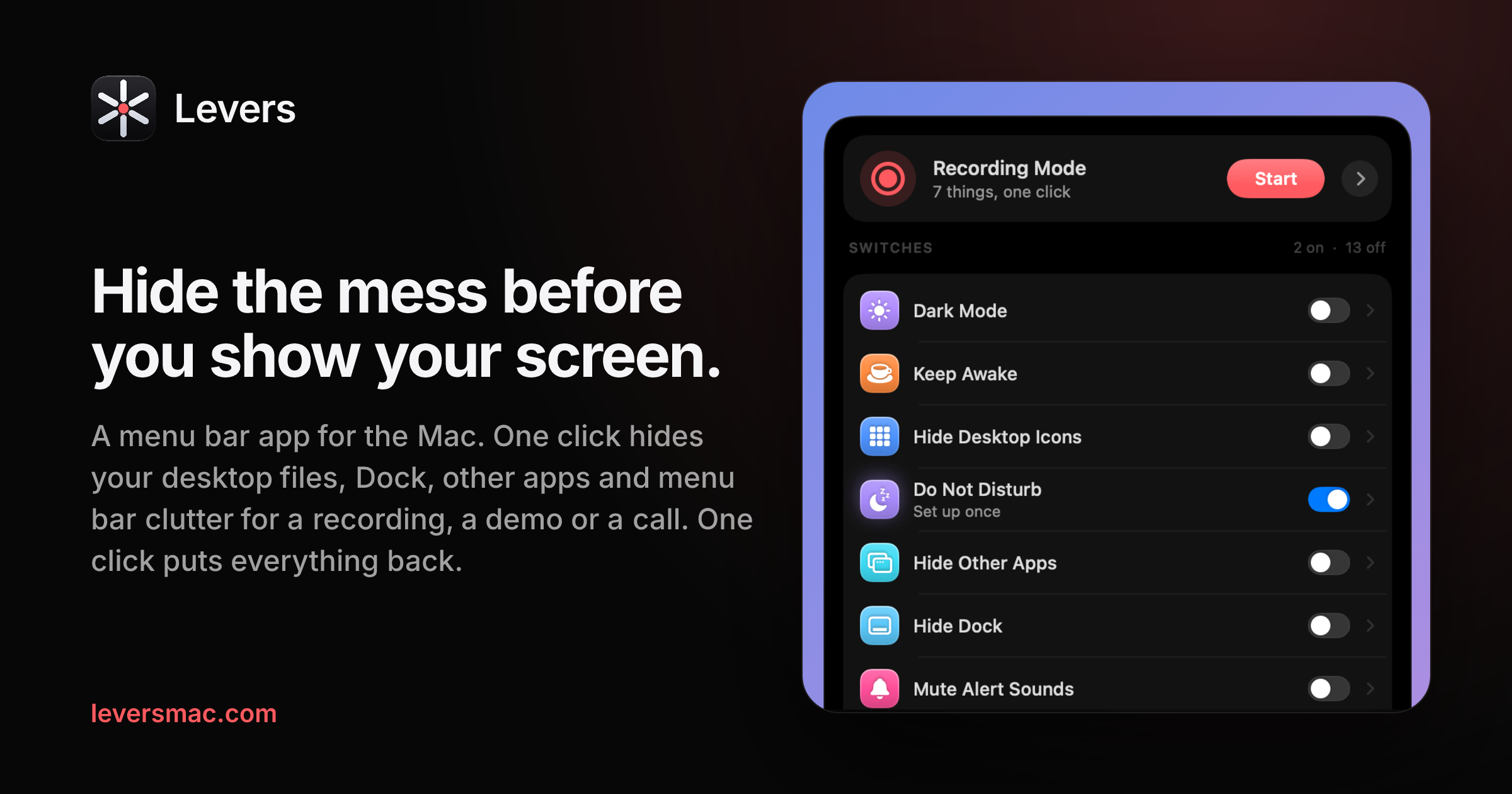 Levers · A clean Mac screen for recording, in one click